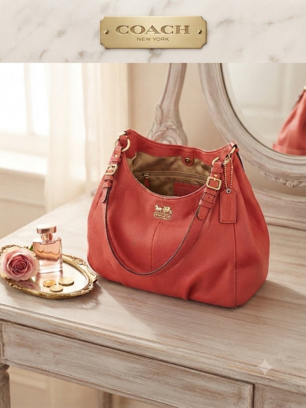 Coach Madison Maggie Coral Red Pebbled Leather Triple Compartment Shoulder Bag